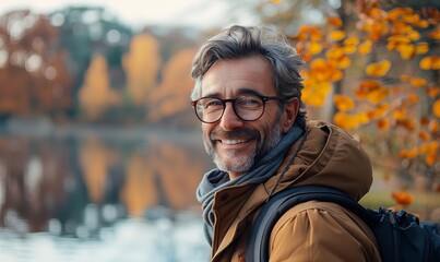 Man in his 50s who exudes happiness and a sense of feeling truly alive in a beautiful natural park near a lake, genuine smile on his face, relaxed and confident, Generative AI