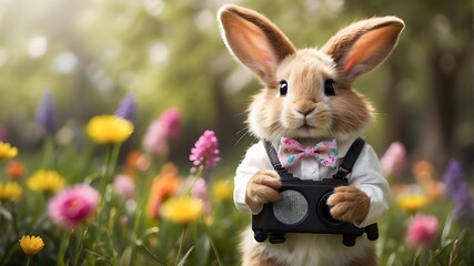 "A cute Easter Bunny stands upright on its hind legs, holding a hand speaker to make an announcement. The bunny's fur is soft and fluffy, with shades of white, gray, and brown, and its ears are long a