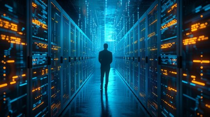 Man walking in modern data technology center, IT engineer walking in corridor in server room of cybernetic data center, AI generated