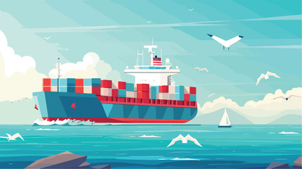 Sea big cargo ship and summer sea. Ship vector illustration
