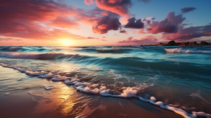 Beautiful sunset over the ocean with pink clouds and gentle waves crashing on the sandy shore