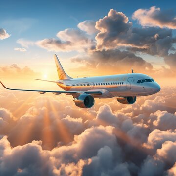 airplane flying over the clouds during sunset