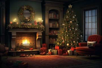 Fototapeta na wymiar Cozy living room with Christmas decorations and presents