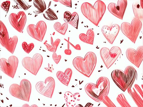 Varied red and pink hearts with different strokes and embellishments on a pure white background.