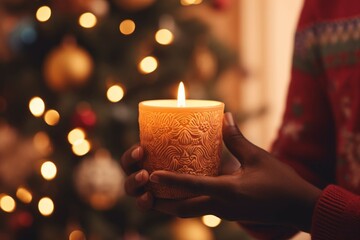 Person holding lit candle in front of decorated Christmas tree.