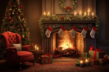 Christmas living room with fireplace and presents