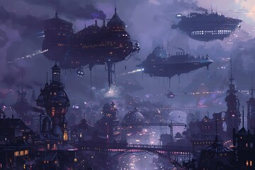 : A steampunk-inspired city with towering machinery and airships, suspended in a sky of deep indigo,