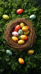 Fototapeta na wymiar Colorful Easter eggs in a nest on green grass background