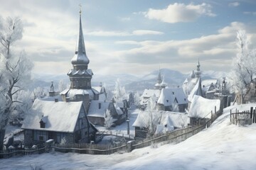 Winter village with a church and snow-covered buildings and trees. - obrazy, fototapety, plakaty