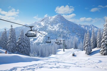 Winter mountain ski resort with skiers and snowboarders. - obrazy, fototapety, plakaty