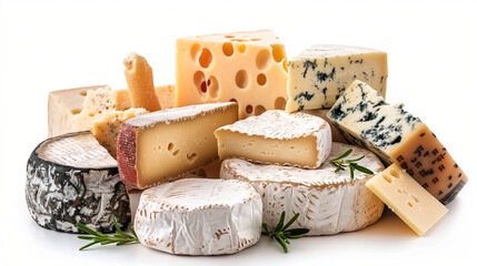 Different types of cheese, bread, Wooden plate with different kinds of cheese on white background, Different cheese composition, Set of triangular cheese pieces isolated on white background. 