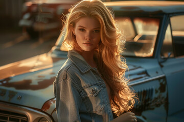 A woman with long blonde hair stands in front of a blue car