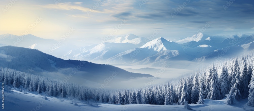 Poster scenic view of snow-covered mountains with pine trees under a cold german winter sky, creating a pic