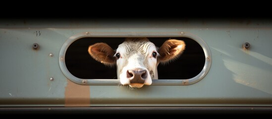 A young calf is curiously looking through the aeration window of a cattle truck, observing the passing scenery