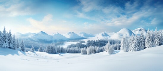 Scenic winter view of German mountains with snow-covered landscape, tall trees, and clear blue sky