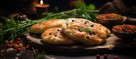 Freshly baked bread and traditional Uzbek pastry seasoned with a blend of aromatic herbs and spices displayed on a rustic wooden board