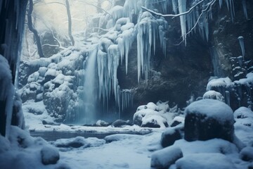 A frozen waterfall in a winter forest.