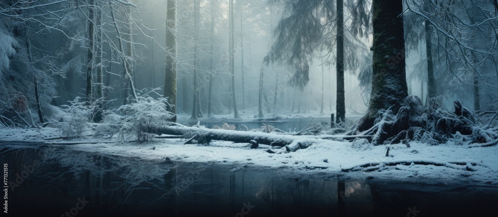 Poster tranquil winter scene of a forest covered in snow with a serene stream flowing through, surrounded b