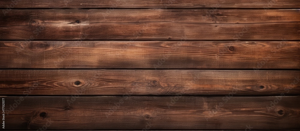Poster close-up view of a wooden wall featuring a dark brown stain, creating a textured background for desi