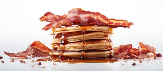 Pancakes covered in crispy bacon strips and sweet syrup resting on a clean white background - obrazy, fototapety, plakaty