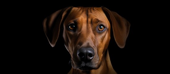 A focused canine with alert eyes and fur in a dim environment, gazing directly at the lens