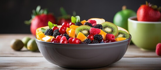 A colorful bowl filled with a variety of fresh seasonal fruit placed on a wooden table