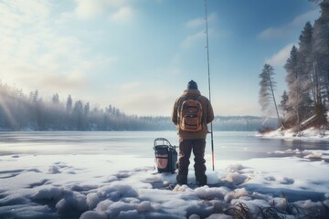 Fototapeta na wymiar Ice fishing on frozen lake
