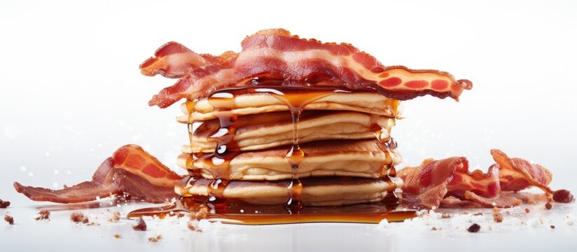 Pancakes covered in crispy bacon strips and sweet syrup resting on a clean white background