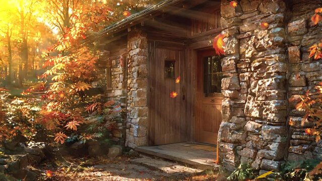 Delight in the nostalgic ambiance of a traditional home framed by a heap of wood during the autumn months, showcased in this captivating 4k looping video.