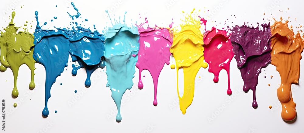 Poster Multiple streaks of colorful paint dripping down a white wall in a close-up view, creating an abstract artistic pattern