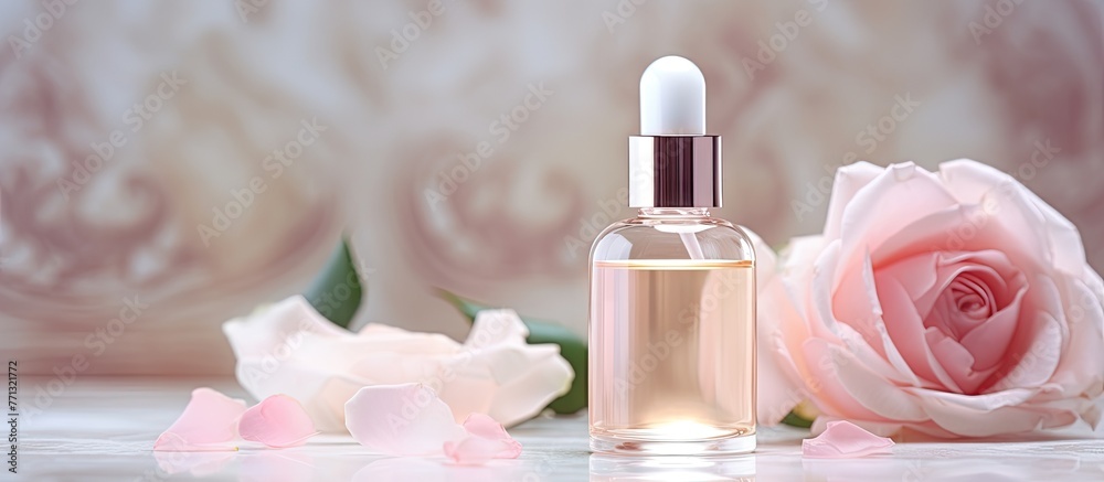 Poster a bottle of perfume is placed next to a red rose on a wooden table, creating a romantic and elegant 