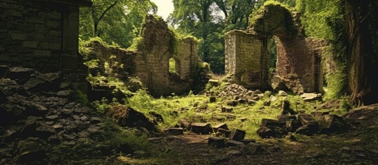 The remains of a dilapidated 18th-century landlord's house can be seen in the midst of a lush forest surrounded by tall trees - obrazy, fototapety, plakaty