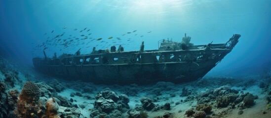An underwater scene shows a sunken ship surrounded by an abundance of fish swimming around Redsea North Brother Wreck Deep - obrazy, fototapety, plakaty