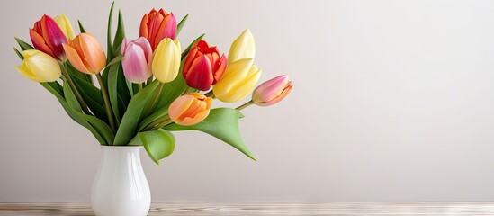 Beautiful assorted flowers arranged in a vase, showcasing a vibrant Spring bouquet of tulips on a...