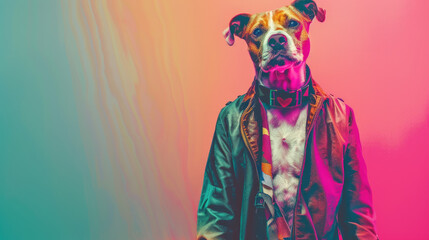 Abstract, creative, minimal portrait of a wild animal dressed up as a man in vibrant punk clothes clothes A cute puddle dog standing
