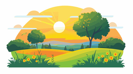 Sunset countryside. Flat vector isolated on white background