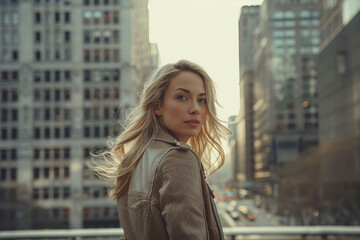 Fototapeta na wymiar A blonde woman stands in front of a city skyline, wearing a brown jacket