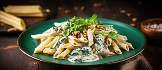 Delicious whole wheat penne pasta topped with creamy gorgonzola cheese sauce, fresh spinach, and crunchy walnuts served on a vibrant green plate