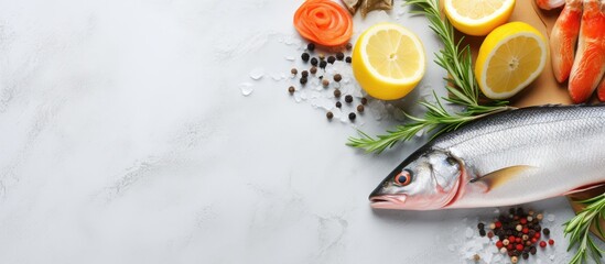 Fresh fish and various vegetables like lemons and carrots are arranged on a wooden cutting board, accompanied by an assortment of aromatic spices