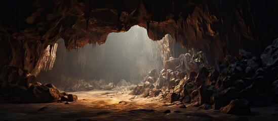 Within a darkened cave, a faint luminous glow emerges, creating an enigmatic ambiance in the hidden...