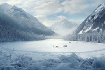 Ice skating on a frozen lake surrounded by mountains.