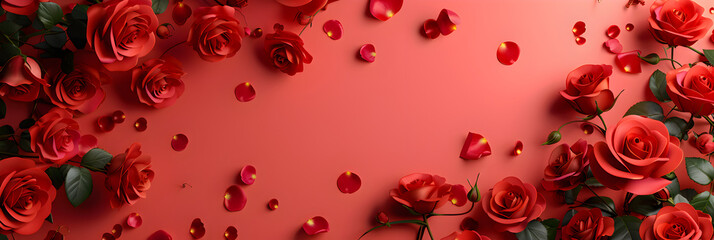   Romantic Red Roses and Petals on a Vibrant Red Background for rose background, Valentine day theme, blank space for text, advertising banner, Background and wallpaper