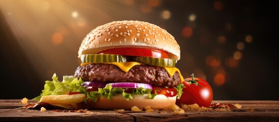 A detailed close-up view of a tasty hamburger topped with fresh lettuce, juicy tomato slices, crunchy pickles, and sliced onions on a sesame seed bun - Powered by Adobe