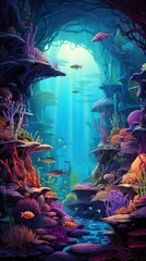 Fototapeta premium Mystical Underwater World with Bioluminescent Jellyfish and Tropical Fish
