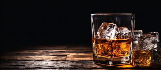Glass filled with whisky, accompanied by ice cubes, placed on a rustic wooden table