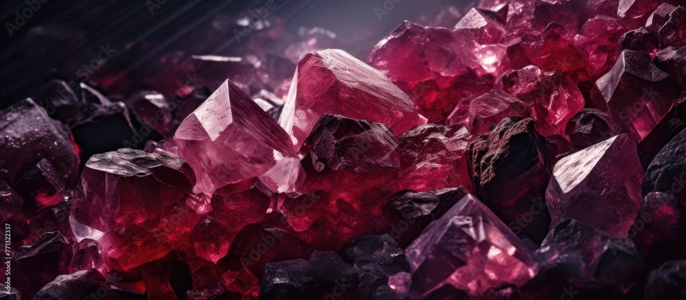 Poster a close up image showcasing a collection of pink crystals set against a stark black backdrop, highli