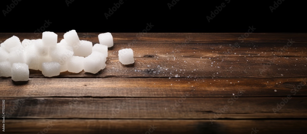 Aufkleber Several sugar cubes are spread out haphazardly on a rustic wooden table, creating a sweet and textured display