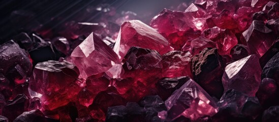 A close up image showcasing a collection of pink crystals set against a stark black backdrop, highlighting their vibrant hues and intricate textures