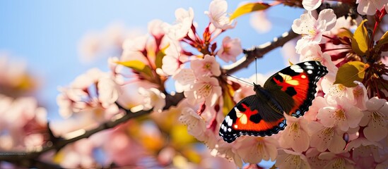 A beautiful red admiral butterfly is resting on a delicate branch of a tree in the sunlight