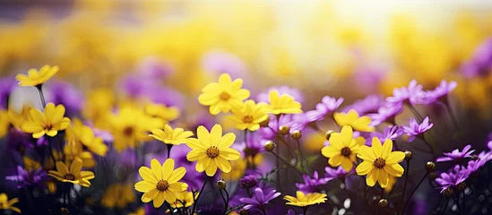 Keuken spatwand met foto Lush meadow showcasing an array of bright yellow and purple flowers under the warm sun of springtime © vxnaghiyev